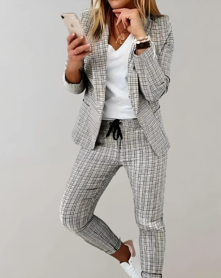 Ensemble deux pièces pour femmes avec blazer à carreaux et pantalon de jogging – costume business casual à motif à carreaux pour bureau et loisirs