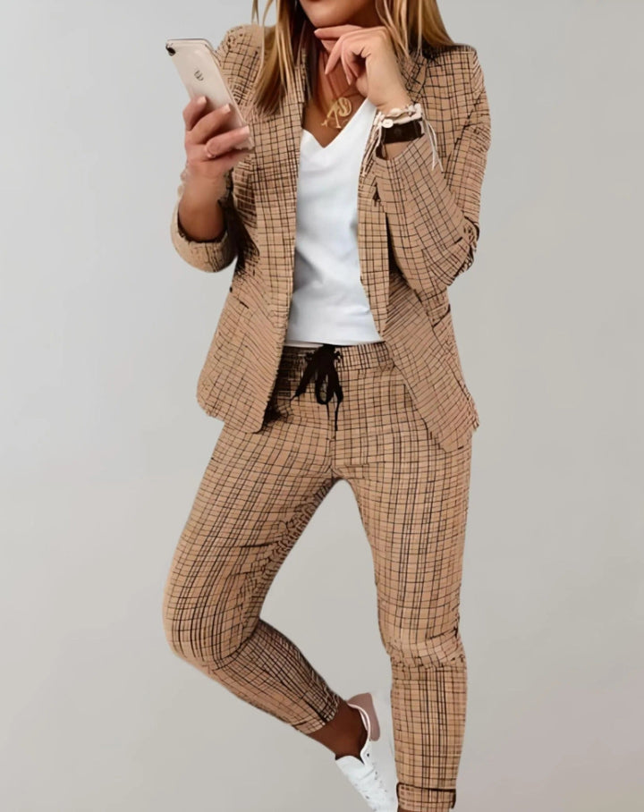 Ensemble deux pièces pour femmes avec blazer à carreaux et pantalon de jogging – costume business casual à motif à carreaux pour bureau et loisirs