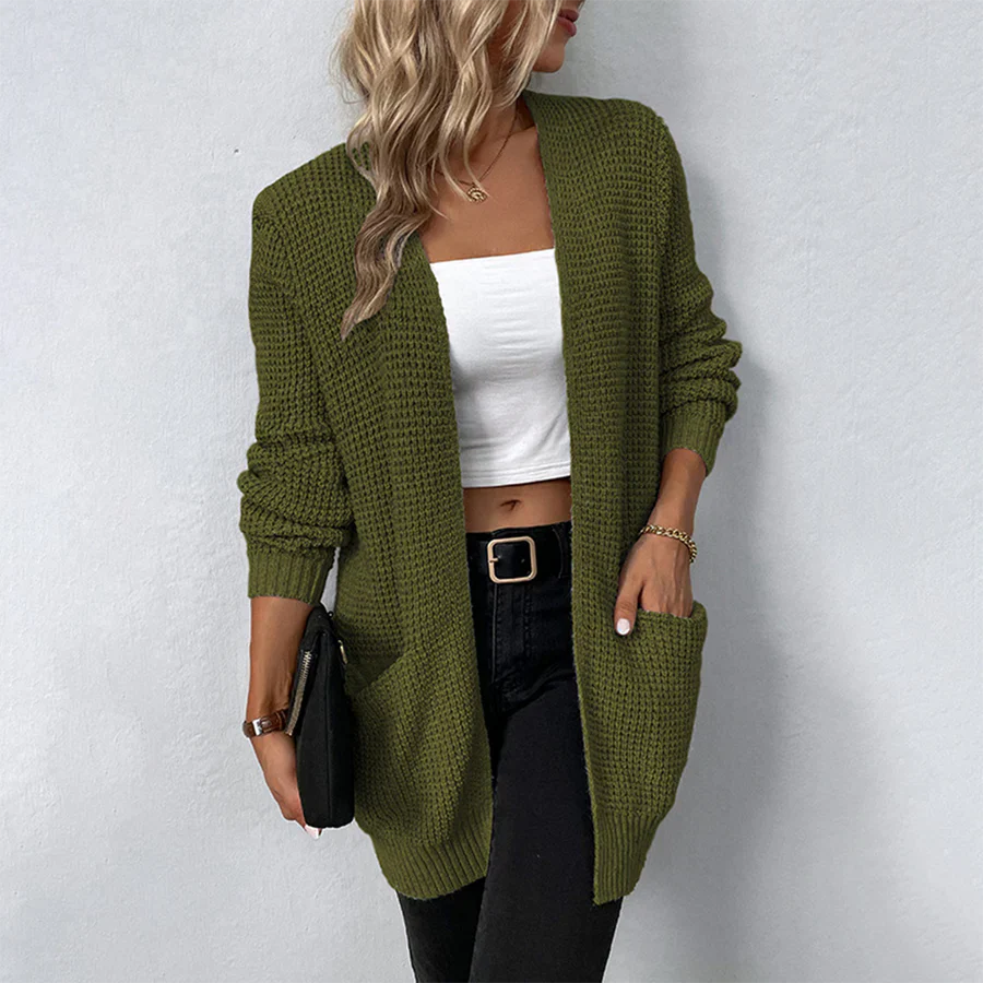 Cardigan en maille pour femmes en vert olive – Long manteau en grosse maille avec poches & coupe ouverte – Veste de transition confortable pour l'automne & l'hiver