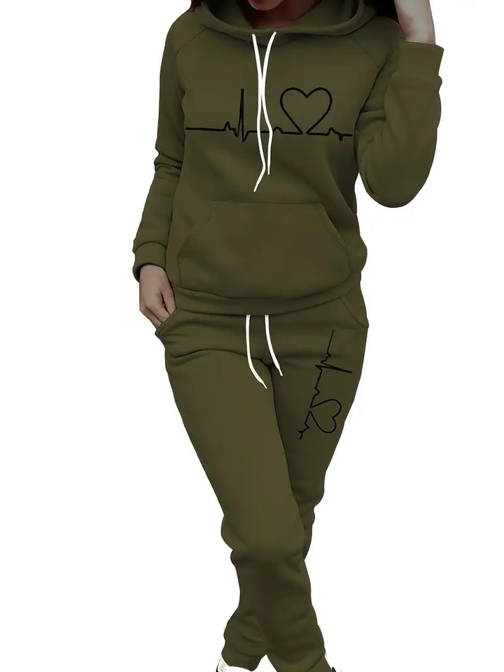 Ensemble deux pièces avec impression cœur, poche kangourou, sweat à capuche et pantalon avec cordon de serrage