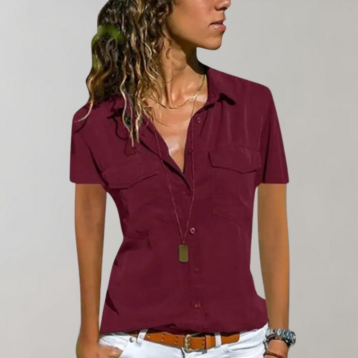 Camicia casual da donna con abbottonatura – Camicetta a maniche corte con tasche sul petto e scollo a V