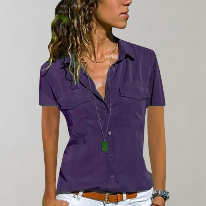 Camicia casual da donna con abbottonatura – Camicetta a maniche corte con tasche sul petto e scollo a V