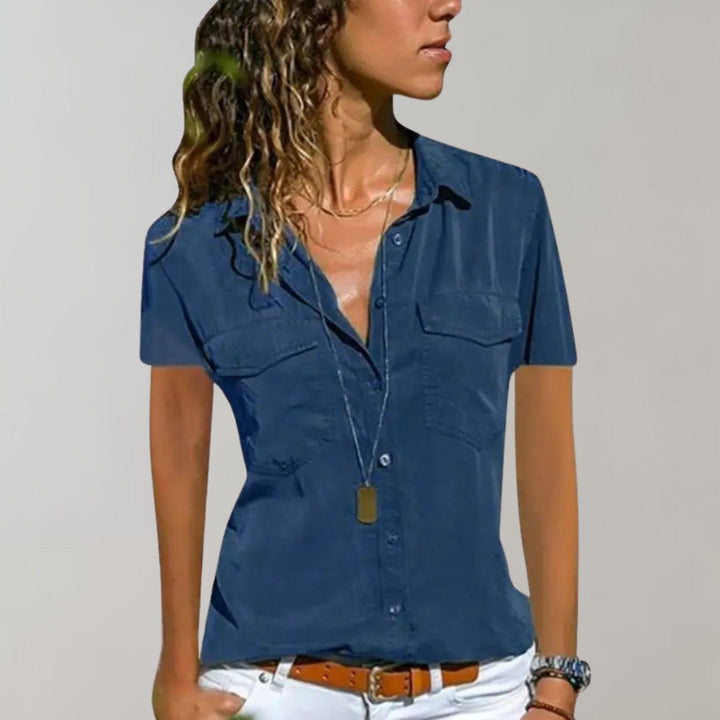 Camicia casual da donna con abbottonatura – Camicetta a maniche corte con tasche sul petto e scollo a V