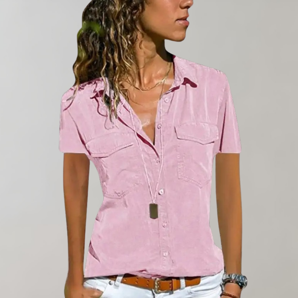 Camicia casual da donna con abbottonatura – Camicetta a maniche corte con tasche sul petto e scollo a V