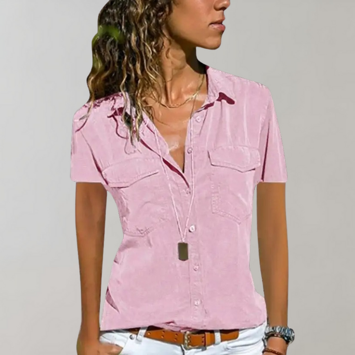 Camicia casual da donna con abbottonatura – Camicetta a maniche corte con tasche sul petto e scollo a V