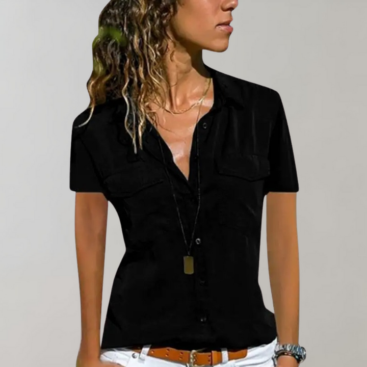 Camicia casual da donna con abbottonatura – Camicetta a maniche corte con tasche sul petto e scollo a V