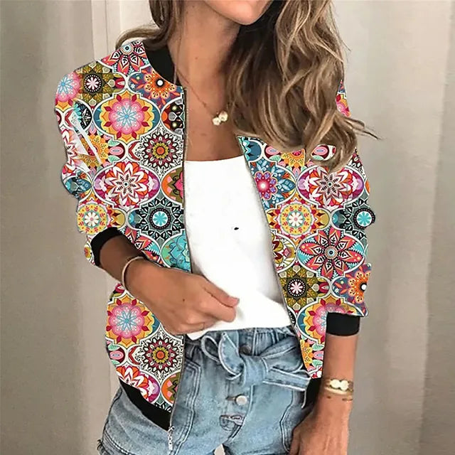 Veste bomber femme avec motif mandala bohème – Veste légère de transition pour printemps & été