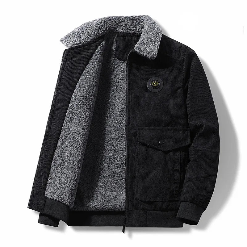 Veste en velours côtelé pour homme avec doublure en teddy – Veste d'hiver vintage avec fermeture éclair et logo poitrine