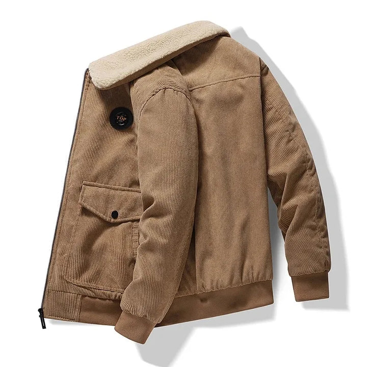 Veste en velours côtelé pour homme avec doublure en teddy – Veste d'hiver vintage avec fermeture éclair et logo poitrine