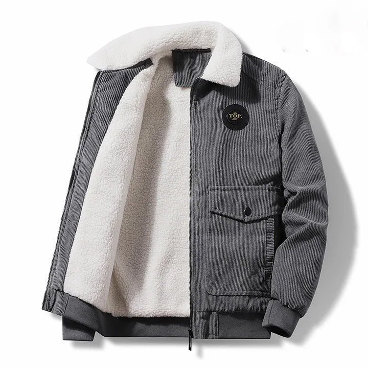 Veste en velours côtelé pour homme avec doublure en teddy – Veste d'hiver vintage avec fermeture éclair et logo poitrine