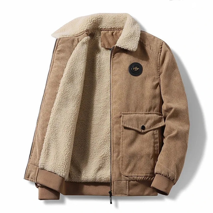 Veste en velours côtelé pour homme avec doublure en teddy – Veste d'hiver vintage avec fermeture éclair et logo poitrine