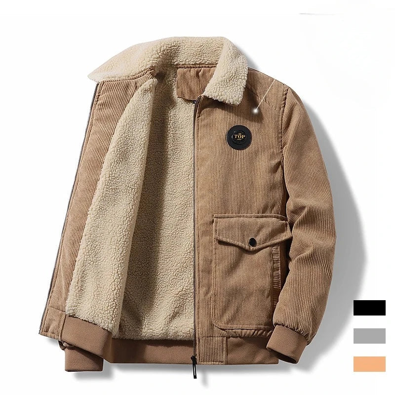 Veste en velours côtelé pour homme avec doublure en teddy – Veste d'hiver vintage avec fermeture éclair et logo poitrine