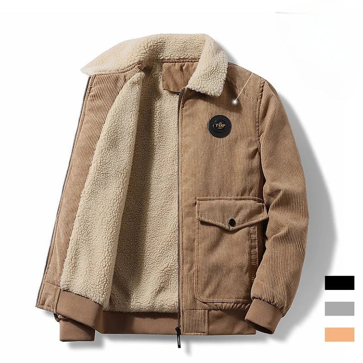 Veste en velours côtelé pour homme avec doublure en teddy – Veste d'hiver vintage avec fermeture éclair et logo poitrine