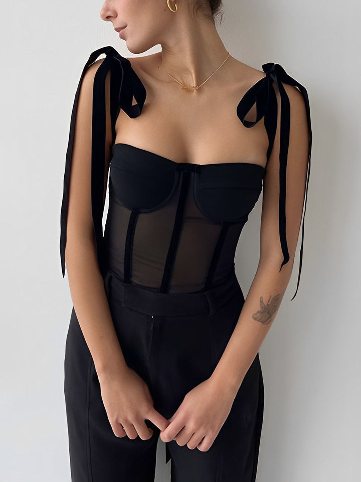 Top bustier nero con spalline a fiocco e look corsetto trasparente – Sexy & elegante