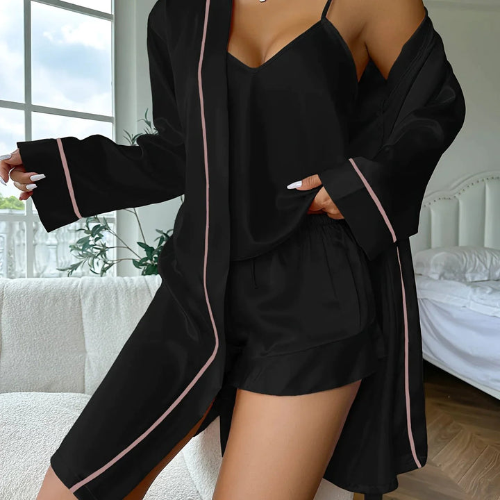 Set pigiama da donna in satin 3 pezzi – pigiama setoso con pantaloncini, top spaghetti e kimono – biancheria da notte di lusso per casa e lounge