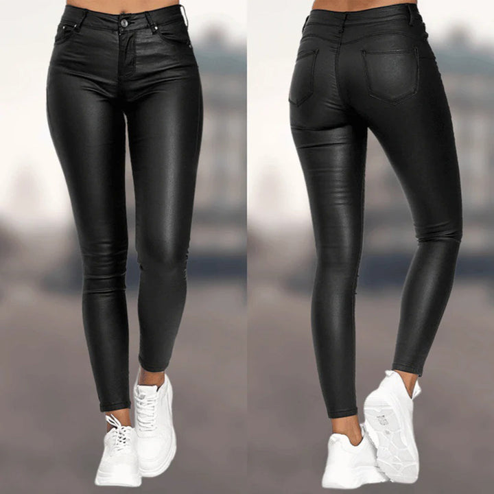 Damen High Waist Kunstleder Leggings – Skinny Stretch Hose mit Push-Up Effekt