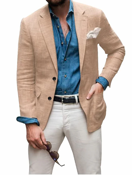 Jon - Blazer en lin pour hommes Plage Mariage Décontracté Coupe ajustée Couleur unie Simple boutonnage Deux boutons