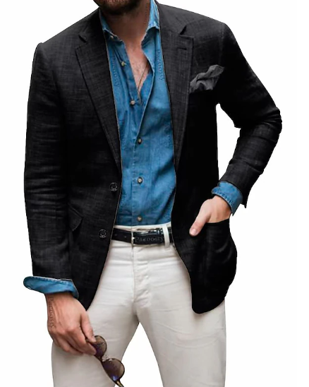 Jon - Blazer en lin pour hommes Plage Mariage Décontracté Coupe ajustée Couleur unie Simple boutonnage Deux boutons