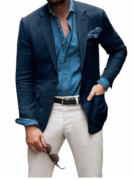 Jon - Blazer en lin pour hommes Plage Mariage Décontracté Coupe ajustée Couleur unie Simple boutonnage Deux boutons