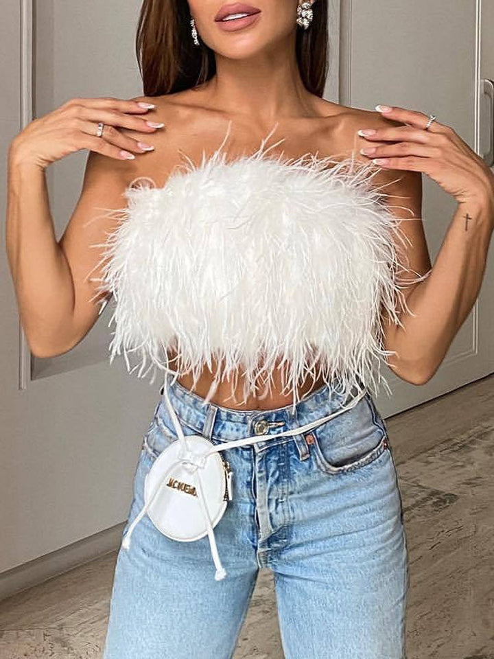 Top bustino piumato lussuoso – Top crop bandeau alla moda per party e look da sera