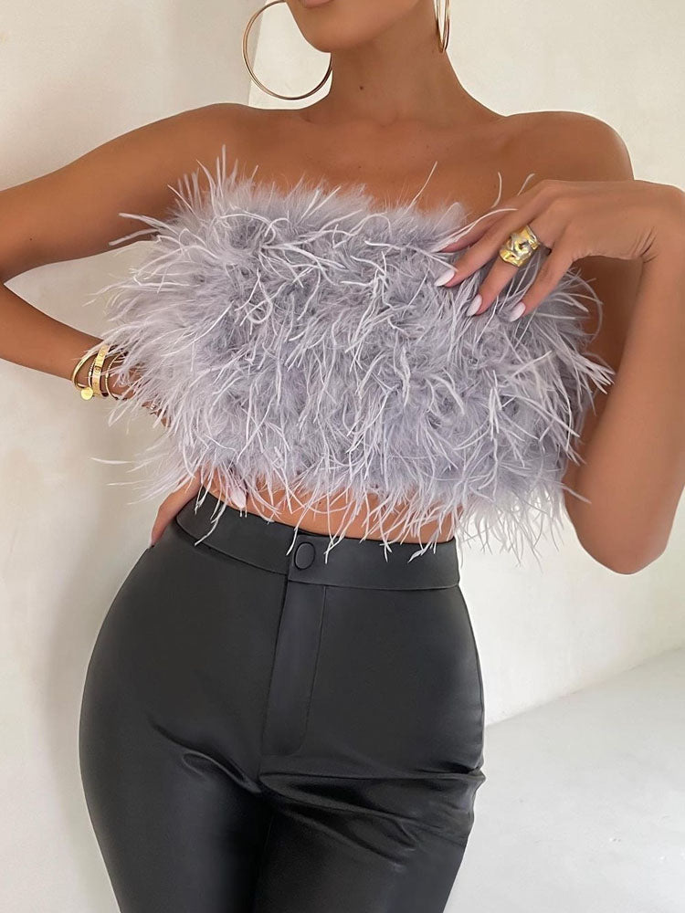 Top bustino piumato lussuoso – Top crop bandeau alla moda per party e look da sera
