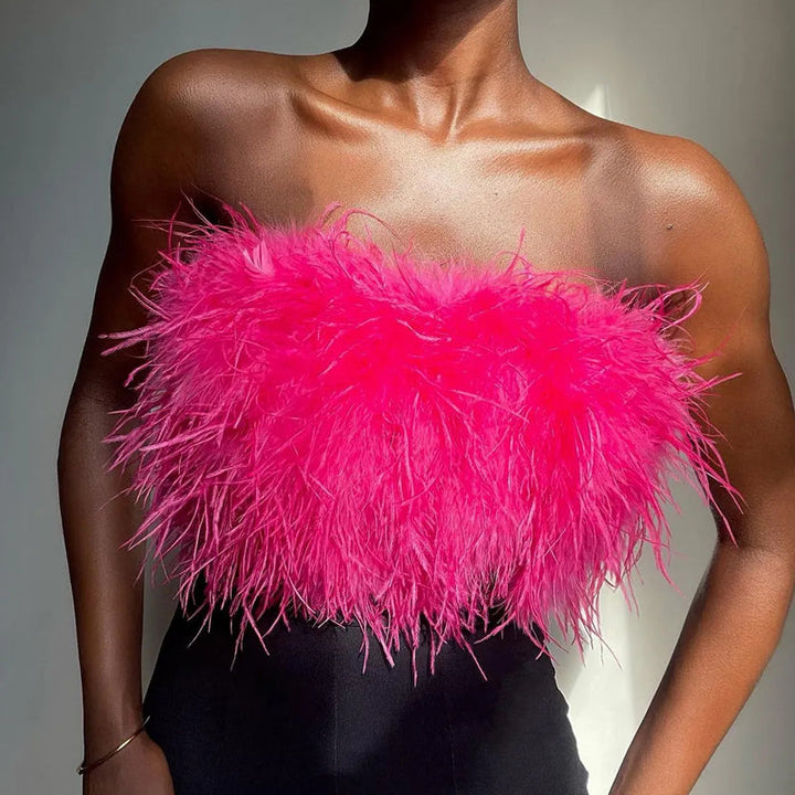 Top bustino piumato lussuoso – Top crop bandeau alla moda per party e look da sera