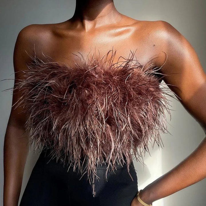 Top bustino piumato lussuoso – Top crop bandeau alla moda per party e look da sera