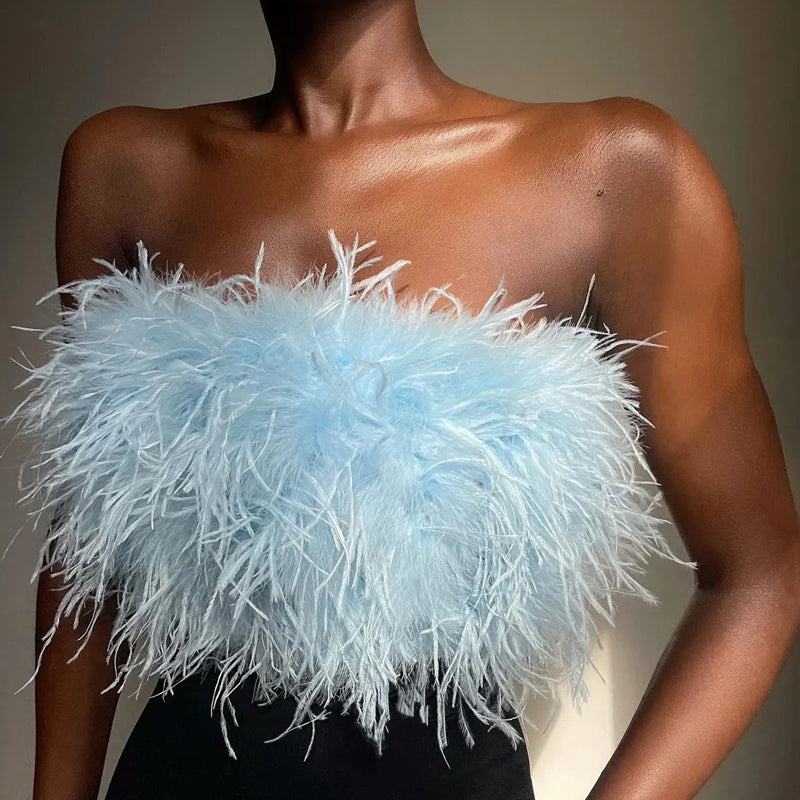 Top bustino piumato lussuoso – Top crop bandeau alla moda per party e look da sera
