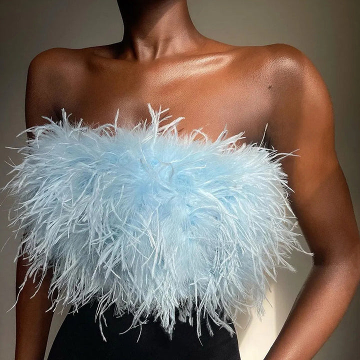 Top bustino piumato lussuoso – Top crop bandeau alla moda per party e look da sera