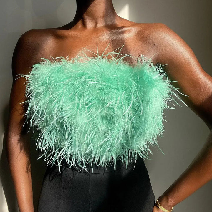 Top bustino piumato lussuoso – Top crop bandeau alla moda per party e look da sera