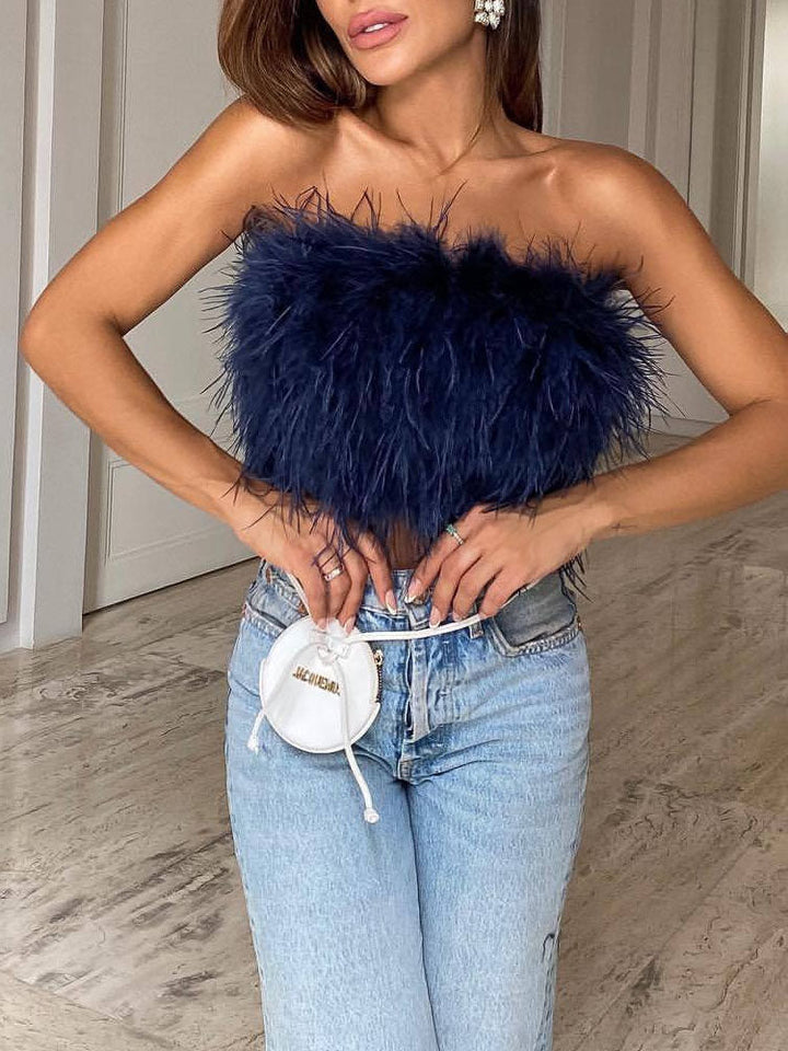 Top bustino piumato lussuoso – Top crop bandeau alla moda per party e look da sera