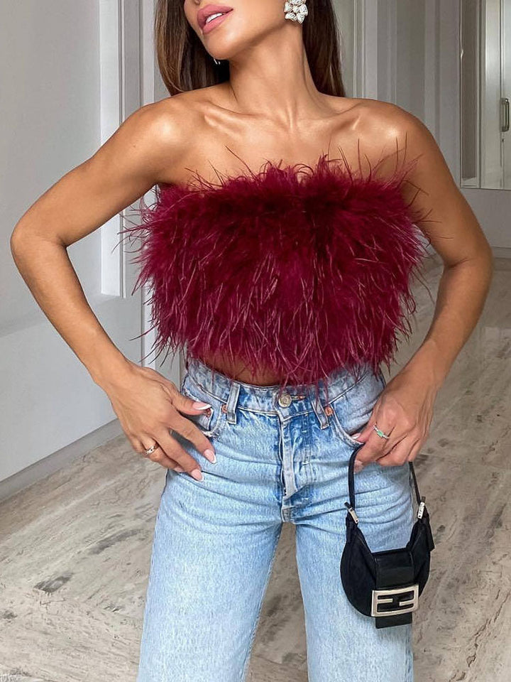 Top bustino piumato lussuoso – Top crop bandeau alla moda per party e look da sera