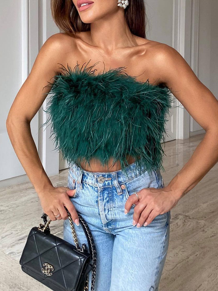Top bustino piumato lussuoso – Top crop bandeau alla moda per party e look da sera