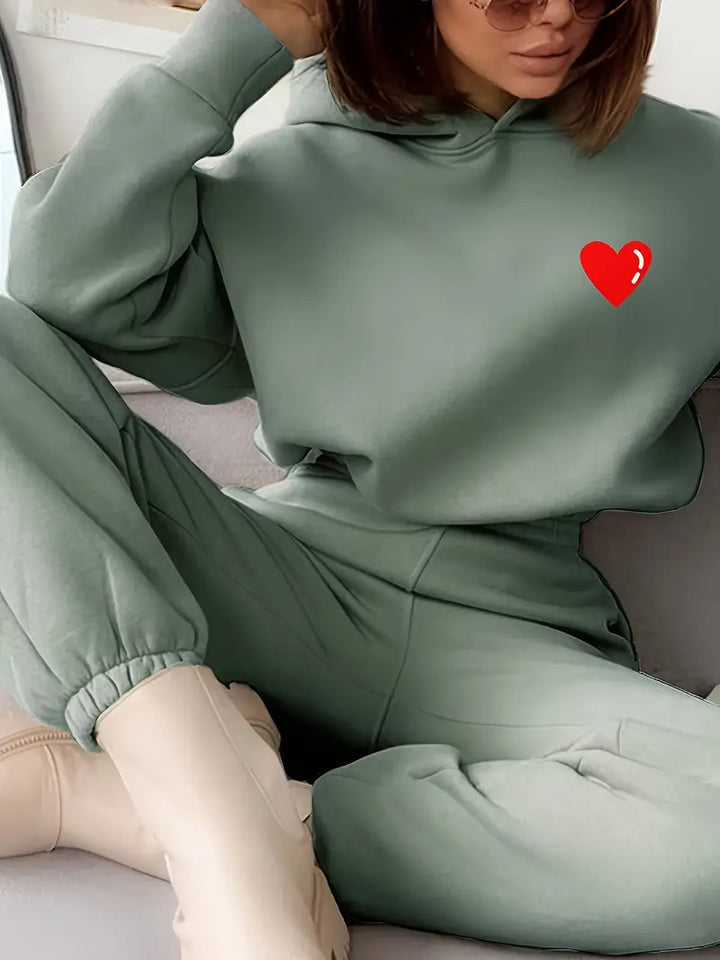 Set in due pezzi, felpa con cappuccio a maniche lunghe con stampa a cuore & pantaloni outfit