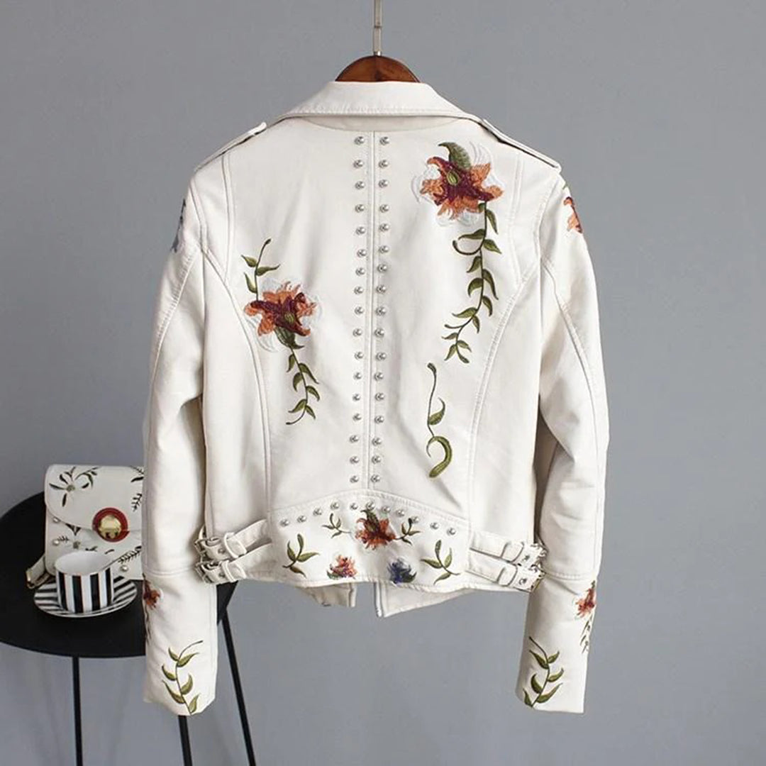 Veste en cuir synthétique pour femmes avec broderie florale – Veste biker avec clous style vintage
