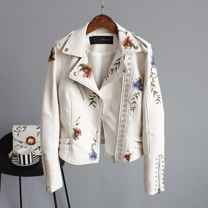 Veste en cuir synthétique pour femmes avec broderie florale – Veste biker avec clous style vintage
