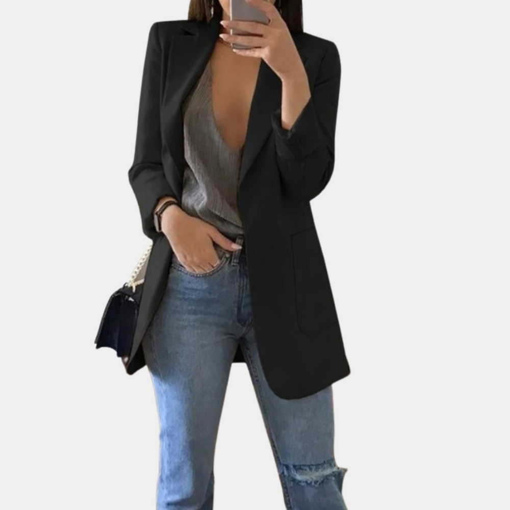 Blazer femme – Blazer long élégant avec col à revers et poches fendues pour bureau et quotidien