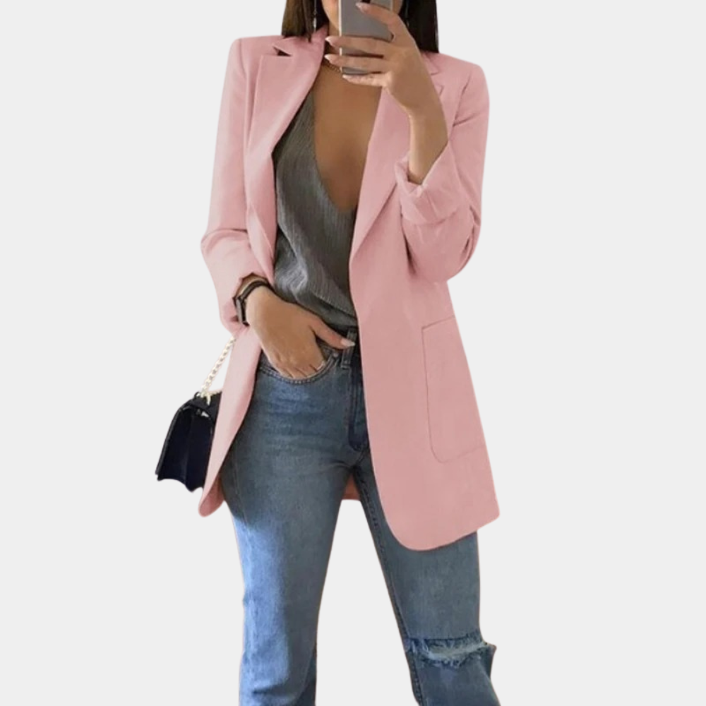 Blazer femme – Blazer long élégant avec col à revers et poches fendues pour bureau et quotidien