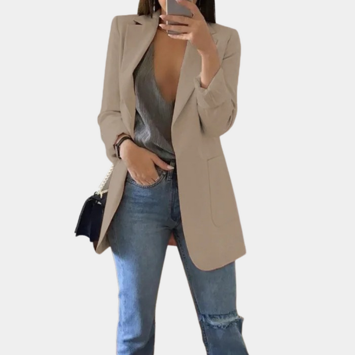 Blazer femme – Blazer long élégant avec col à revers et poches fendues pour bureau et quotidien