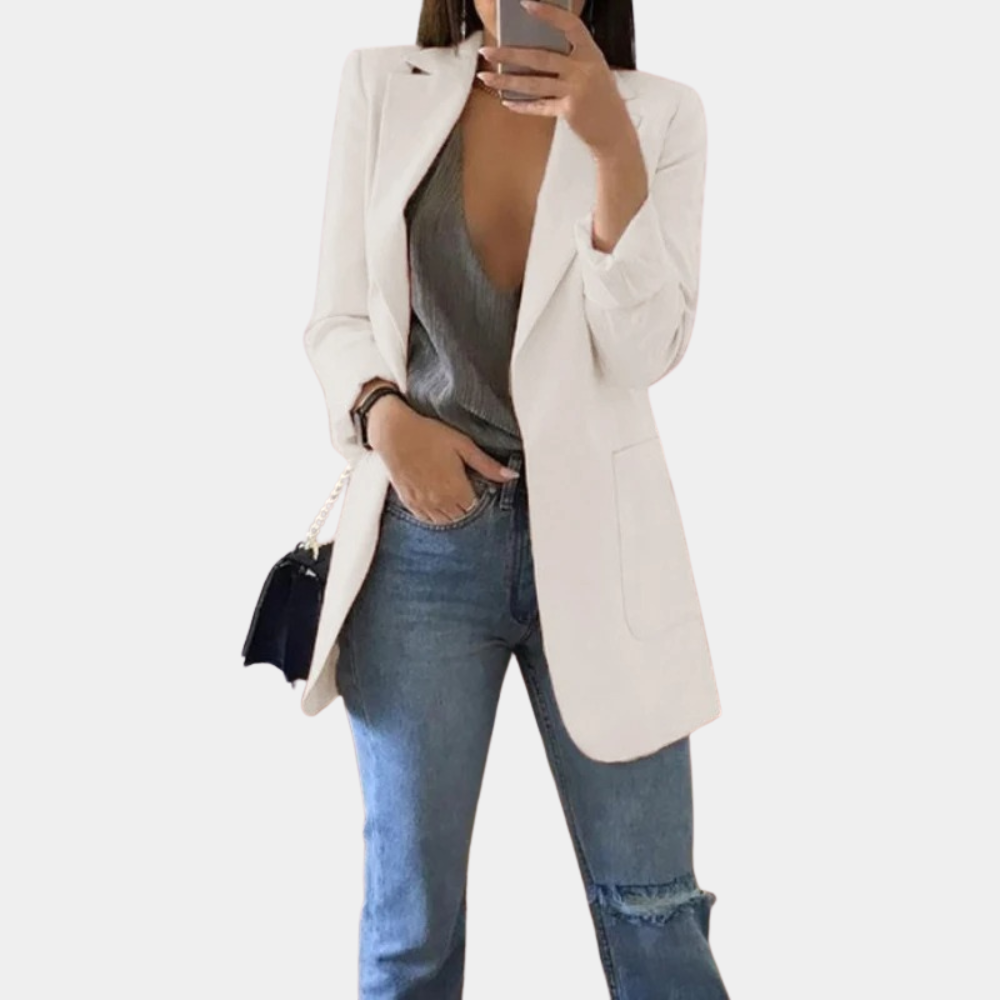 Blazer femme – Blazer long élégant avec col à revers et poches fendues pour bureau et quotidien