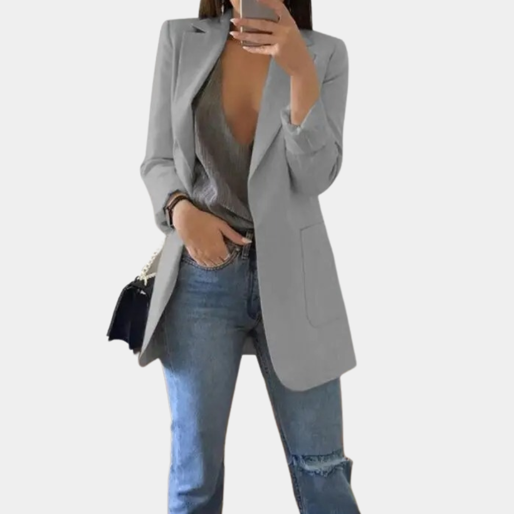 Blazer femme – Blazer long élégant avec col à revers et poches fendues pour bureau et quotidien