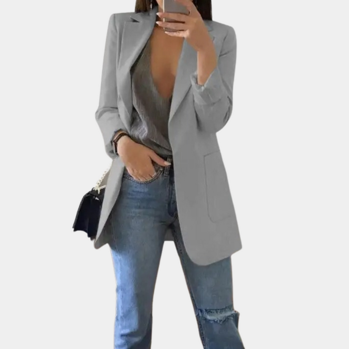 Blazer femme – Blazer long élégant avec col à revers et poches fendues pour bureau et quotidien