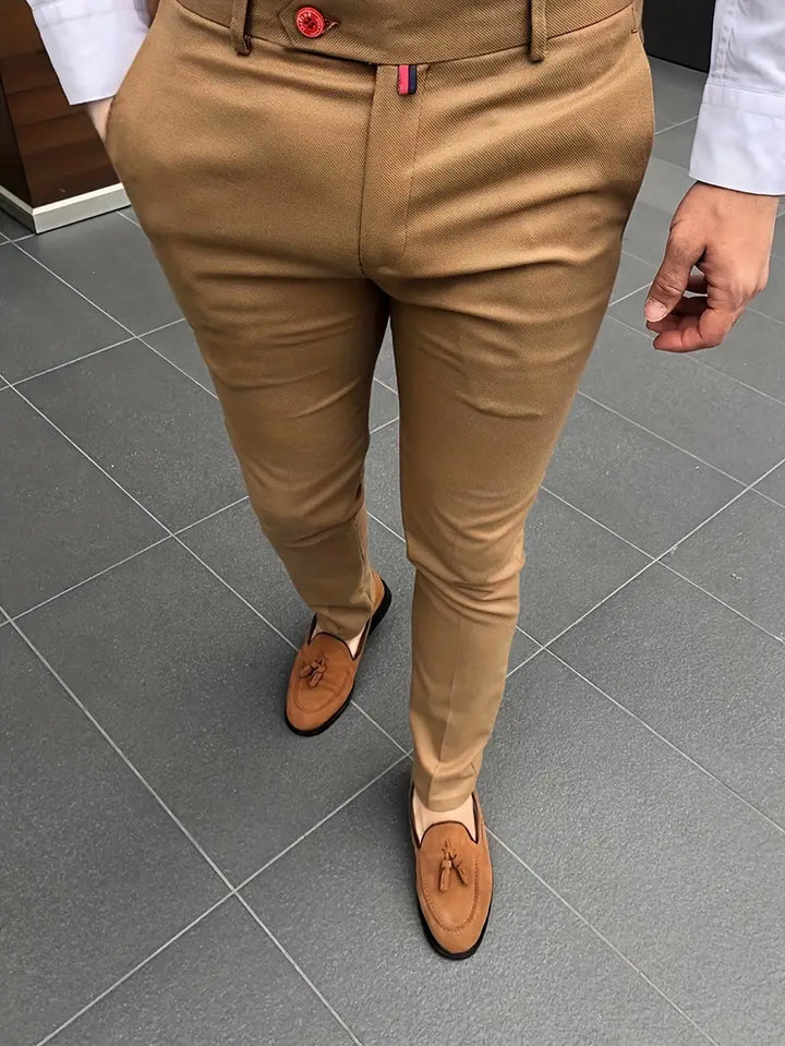 Pantalon chino homme slim fit – Pantalon d'affaires élégant camel avec stretch et fermeture à bouton