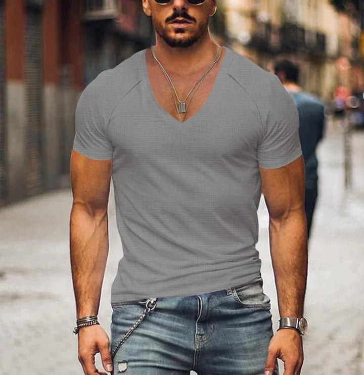 T-shirt homme avec col en V profond – T-shirt slim à manches courtes pour loisirs, fitness et été