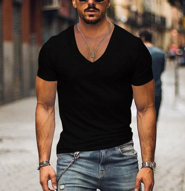 T-shirt homme avec col en V profond – T-shirt slim à manches courtes pour loisirs, fitness et été