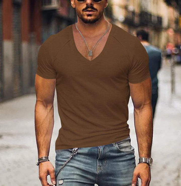 T-shirt homme avec col en V profond – T-shirt slim à manches courtes pour loisirs, fitness et été