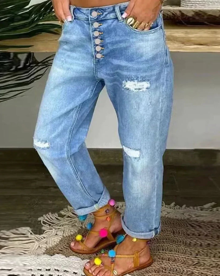 Jean boyfriend avec patte de boutonnage et détails destroyed – Jean femme coupe décontractée pour le quotidien, le style street et les loisirs