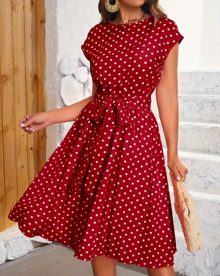 Damen Sommerkleid mit Punkten – Vintage Midikleid mit Taillengürtel & Cap Sleeves für Freizeit & Urlaub