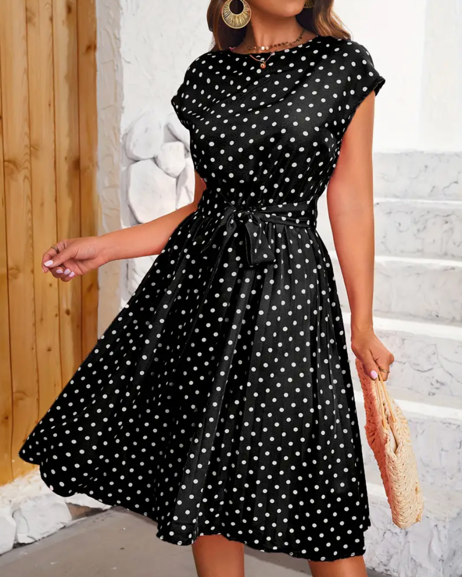 Damen Sommerkleid mit Punkten – Vintage Midikleid mit Taillengürtel & Cap Sleeves für Freizeit & Urlaub