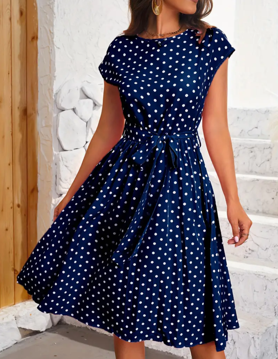 Damen Sommerkleid mit Punkten – Vintage Midikleid mit Taillengürtel & Cap Sleeves für Freizeit & Urlaub